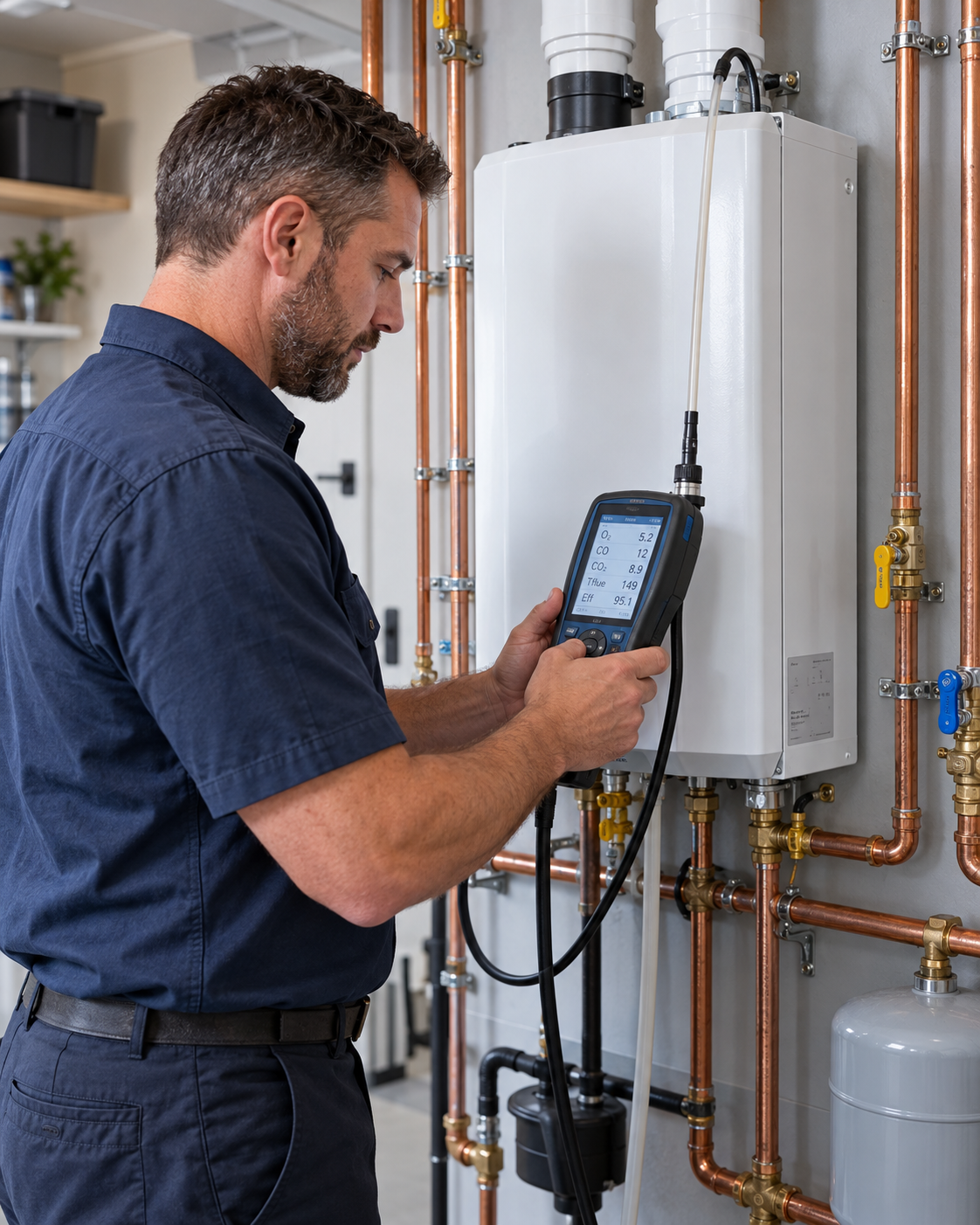 Professional technician commissioning a wall-hung tankless system with a digital combustion analyzer